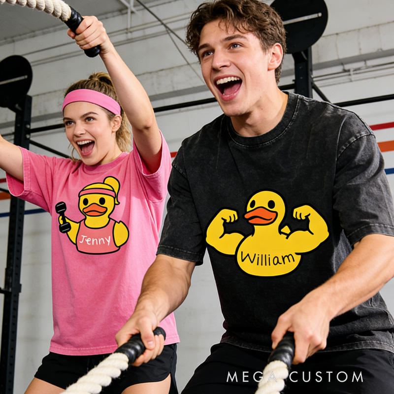 Personalized Washed T-Shirts Fitness Couple Funny Muscle Arm Duck with Name T-Shirt for Gym Lovers