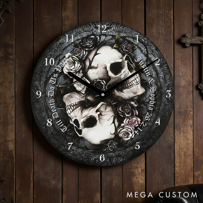 Personalized Skull Couple Till Death Do Us Part Wall Clock Custom Retro Gothic Style 3D Effect Wall Clock Anniversary Gift Valentine's Day Gift