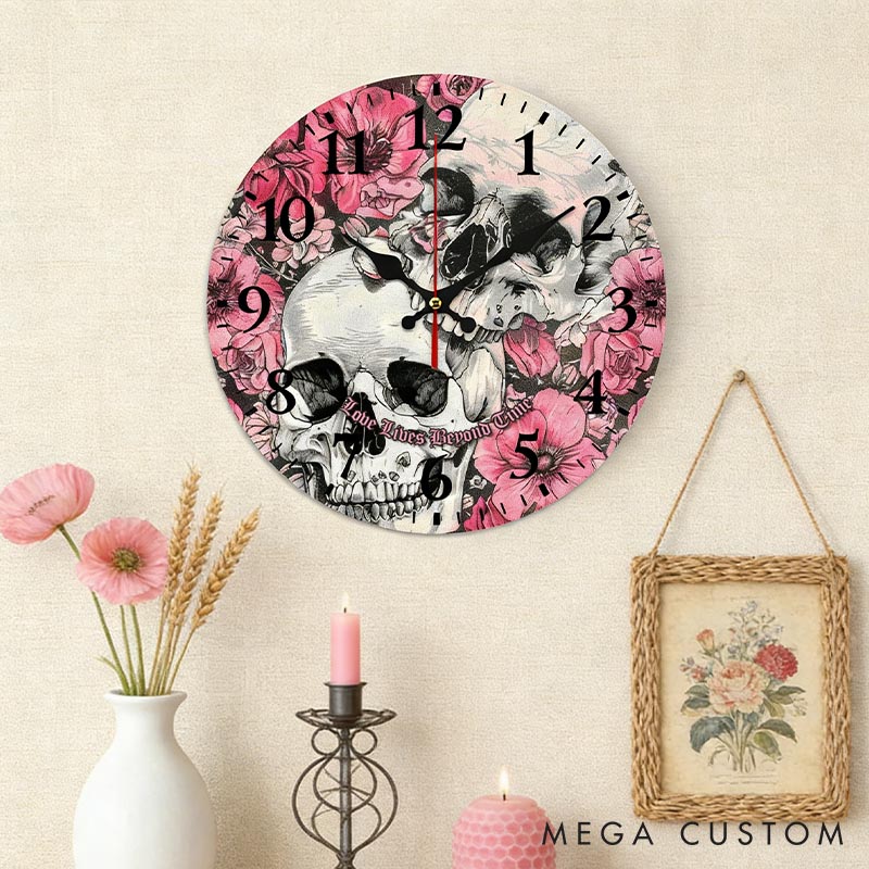 Personalized Floral Skull Couple Love Lives Beyond Time Wall Clock Custom Retro Gothic Style 3D Effect Wall Clock Anniversary Gift Valentines Day Gift