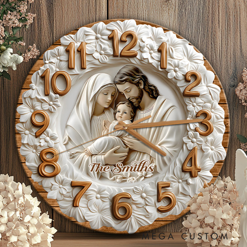 Personalized the Holy Family Wall Clock with Custom Family Name Graphic 3D Printed Wall Clock Home Decor Religious Gift for Christians