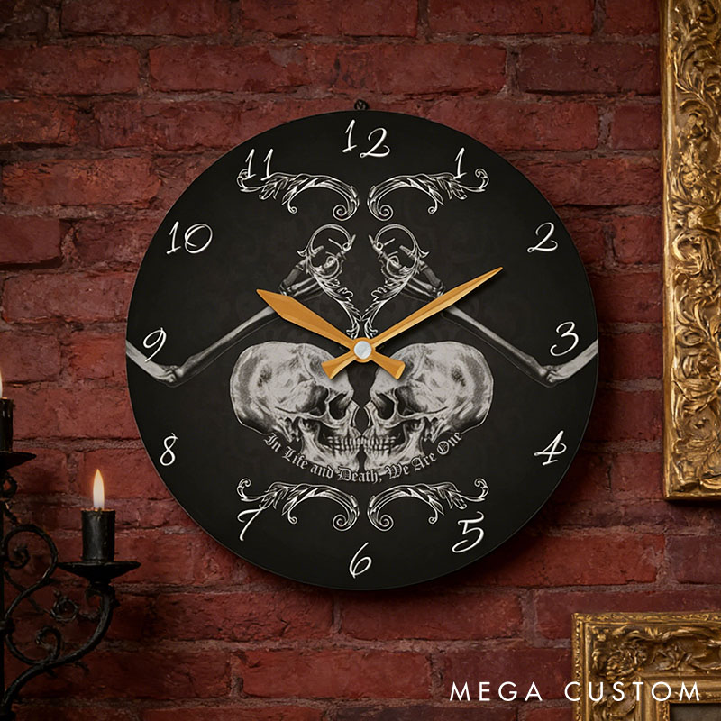 Personalized Skull Couple In Life and Death We Are One Wall Clock Custom Retro Gothic Style 3D Effect Wall Clock Anniversary Gift Valentines Day Gift