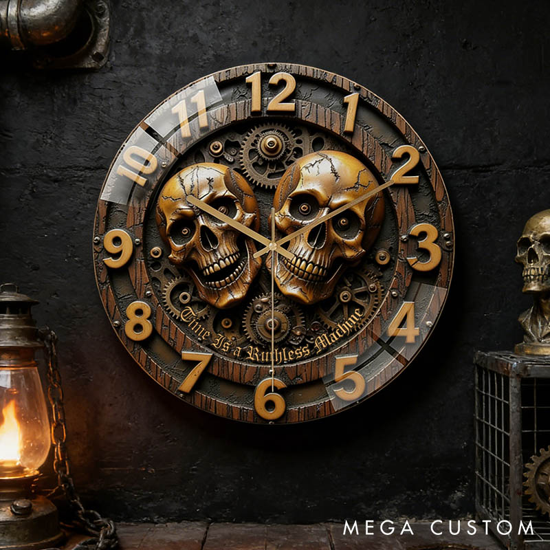 Personalized Skull Couple Time Is a Ruthless Machine Acrylic Wall Clock Custom Imitation Wood 3D Effect Wall Clock Anniversary Valentines Day Gift