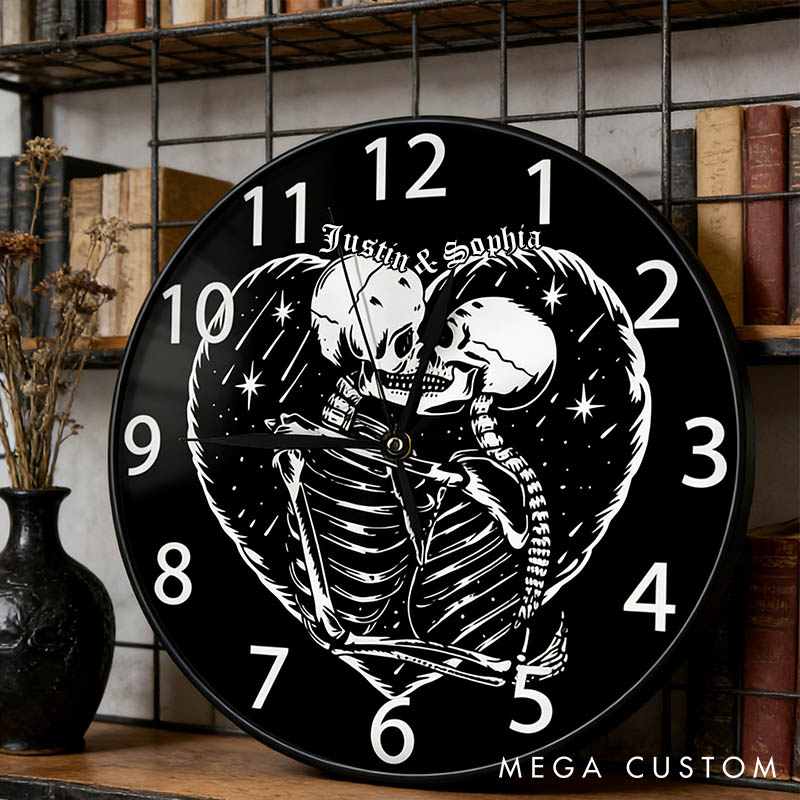 Personalized Skeleton Couple Embracing Wall Clock Custom Couple Till Death Do Us Part Wall Clock with Name Anniversary Valentines Day Gift for Him Her