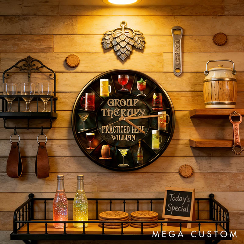 Personalized Man Group Therapy Practiced Here Wall Clock Custom Boyfriend Husband Alcohol Enthusiast Wall Clock Anniversary Valentines Day Gift