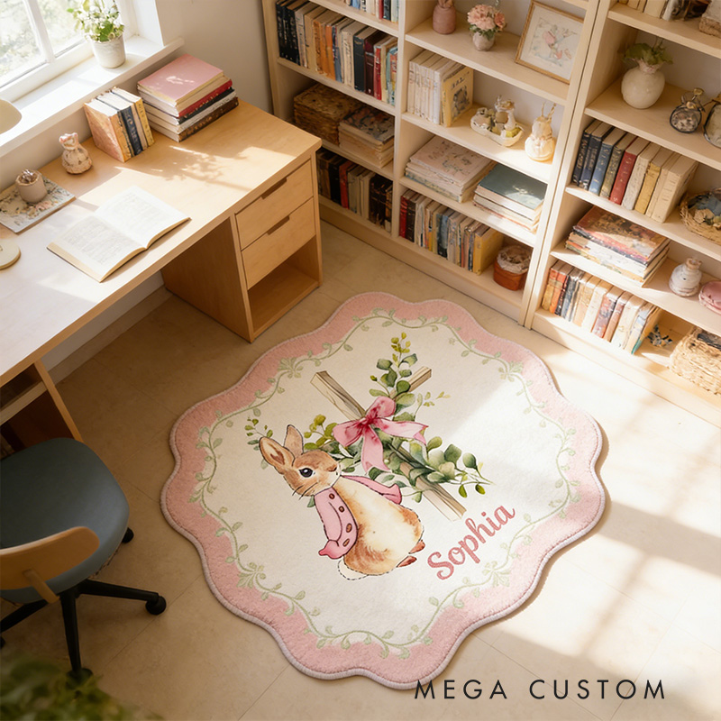 Personalize Floral Bow Cross Rabbit Rug with Custom Name Home Decor Religious Rug Faith Based Gift Easter Gift Christian Gift for Kids