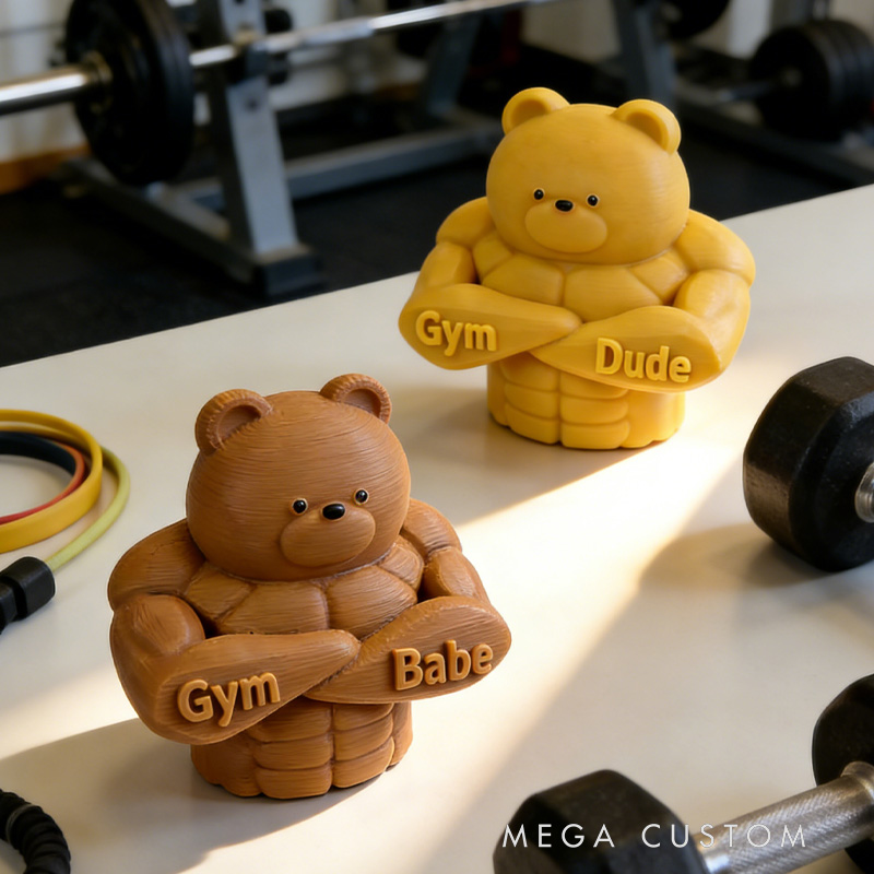 Personalized 3D Printed Hench Couple Bear Muscular Gym Gift Desk Mascot Weightlifter Strength Trainer Desk Decor Gift for Friends Gym Rat Gym Lovers