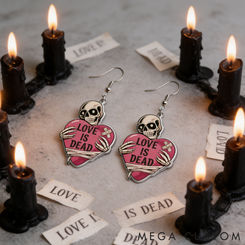 Personalized Acrylic Skull Heart Statement Earrings Dark Sweet Goth Style with "LOVE IS DEAD" for Edgy Fashion Fans