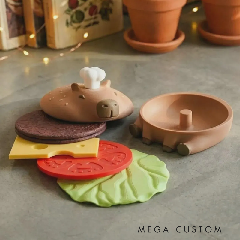 Capy-Burger Coaster Set – Cute Capybara + Burger 3D Printed Coasters, Kitchen & Bar Accessory, Unique Gift Idea,