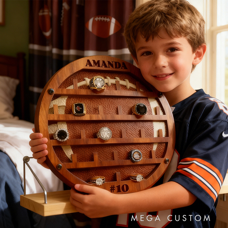 Personalized Football-Shaped Wooden Ring Display Rack - Custom Engraved Sports Trophy Holder