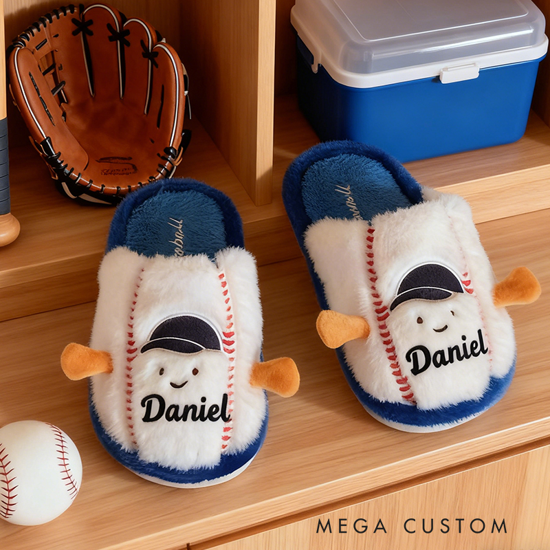 Personalized Custom Name Baseball Plush Slippers - Personalized Kids' Indoor Shoes with Smile Face Design