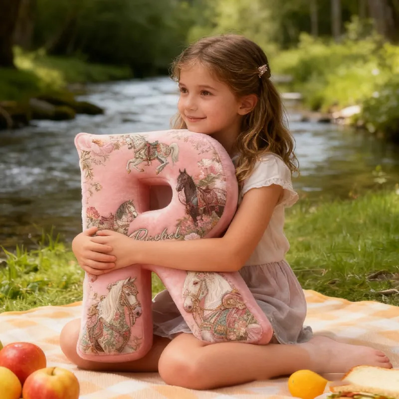 Personalized Riding Floral Letter Pillow Floral Horse Custom Name Festive Flower Decor with French Countryside Gifts for Family Graphic 3D Print for Riding Lovers Equestrian Lovers