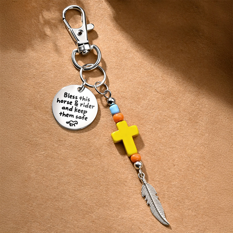Personalized Natural Stone Cross Saddle Charm with Name and Feather Tassel Horseback Riding Game Christening Gift for Christians Horse Riding Lovers