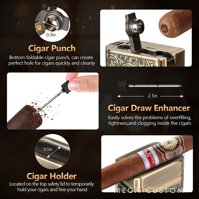 Personalized Cigar Torch Lighter 4 Jet Flame Refillable with Cigar Accessories Gift Box Valentine’s Day Dad Anniversary Gift for Him