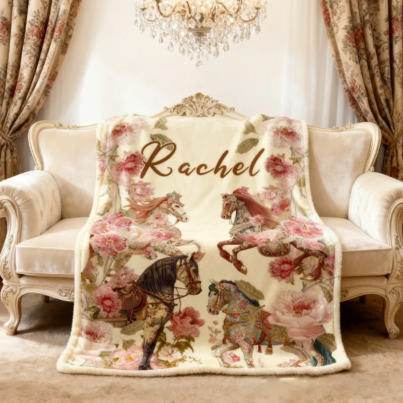 Personalized Riding Floral Blanket Equestrian Horse Custom Name Festive Flower Decor with French Countryside Gifts Family Blanket for Riding Lovers Equestrian Lovers