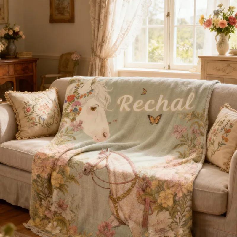 Personalized Riding Floral Blanket Flower Horse Custom Name Festive Flower Decor with French Countryside Gifts Family Blanket for Riding Lovers Equestrian Lovers