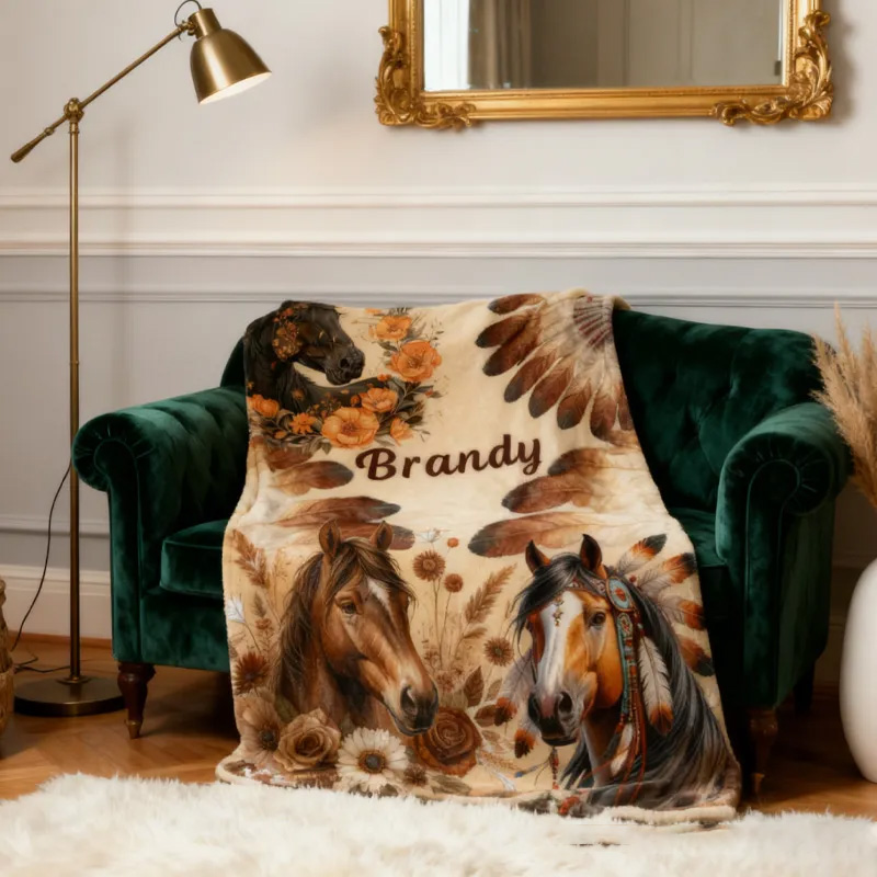 Personalized Riding Floral Blanket Feather Horse Custom Name Festive Flower Decor with French Countryside Gifts Family Blanket for Riding Lovers Equestrian Lovers
