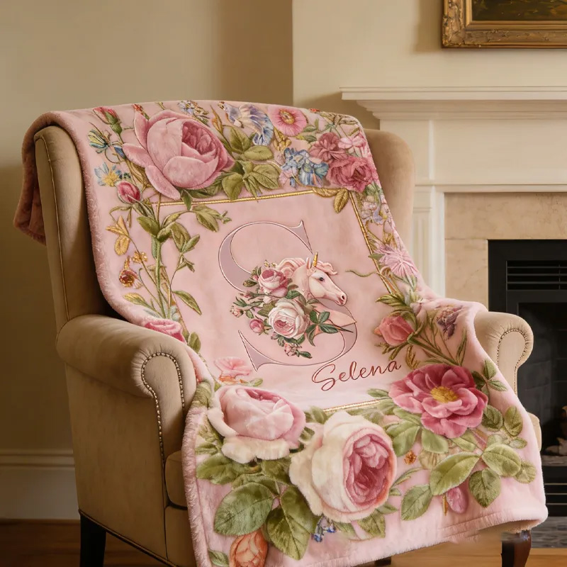 Personalized Initials Letter Riding Floral Blanket Floral Horse Custom Name Festive Flower Decor with French Countryside Gifts Family Blanket for Riding Lovers Equestrian Lovers