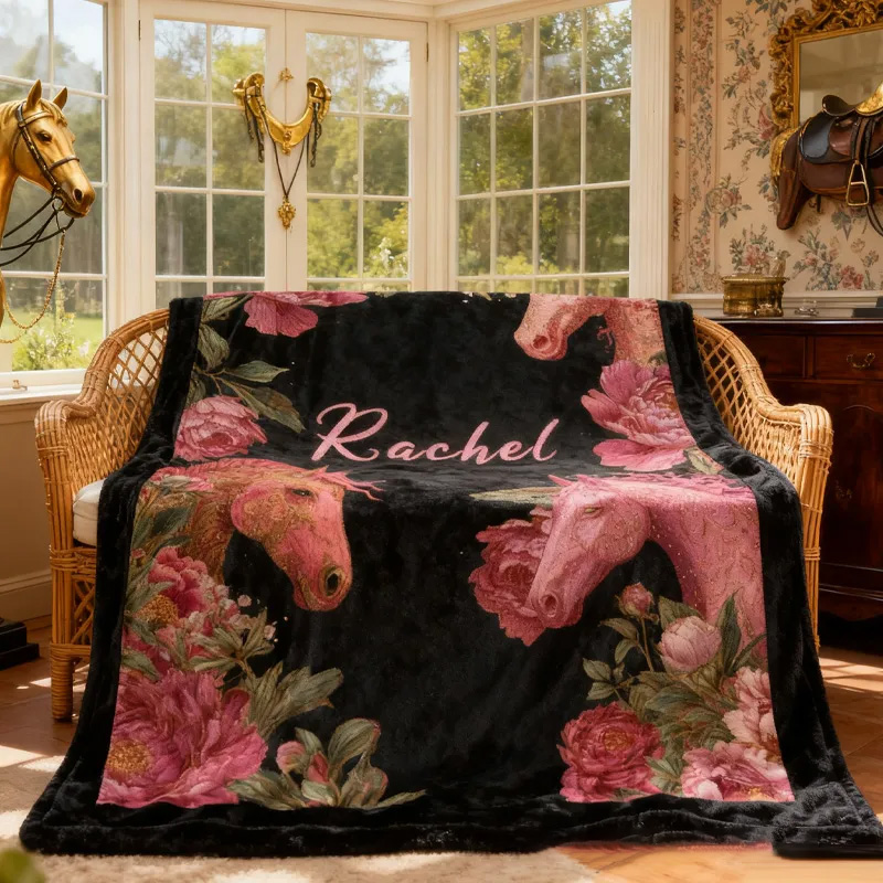 Personalized Riding Floral Blanket Equestrian Horse Custom Name Festive Flower Decor with French Countryside Gifts Family Blanket for Riding Lovers Equestrian Lovers