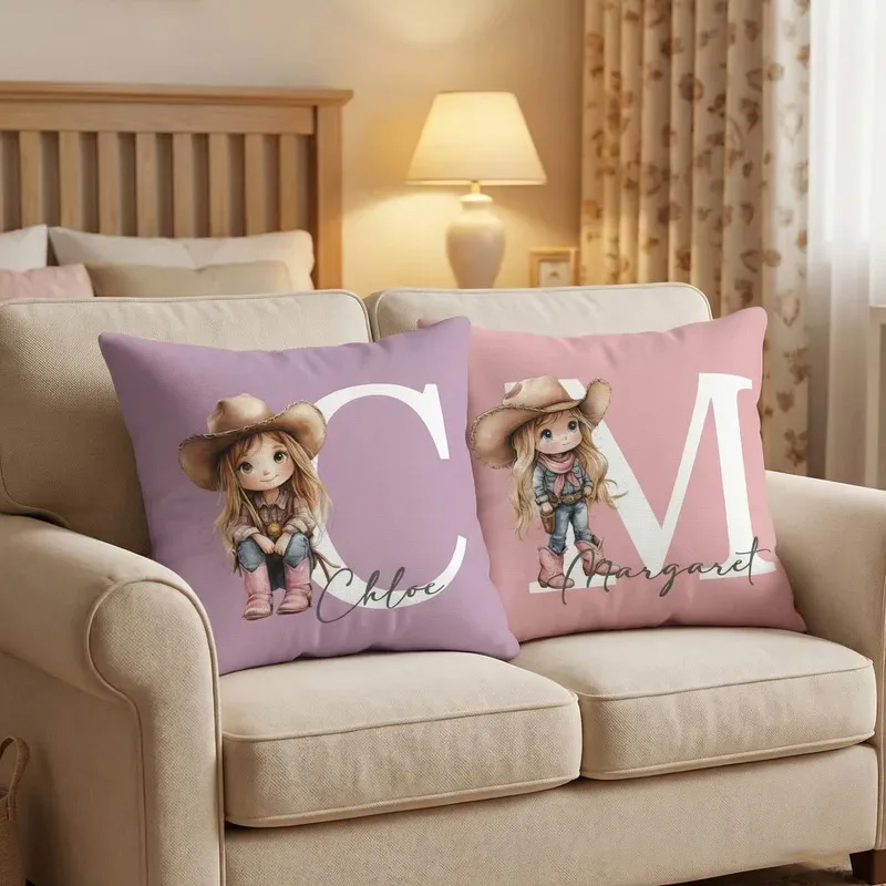 Personalized Initials Letter Throw Pillow Cartoon Cowboy Cowgirl Soft Throw Pillow Cover with Name and Initial Home Decor Birthday Gift for Boys Girls Horse Owner Lover Riding Lovers Equestrian Lovers