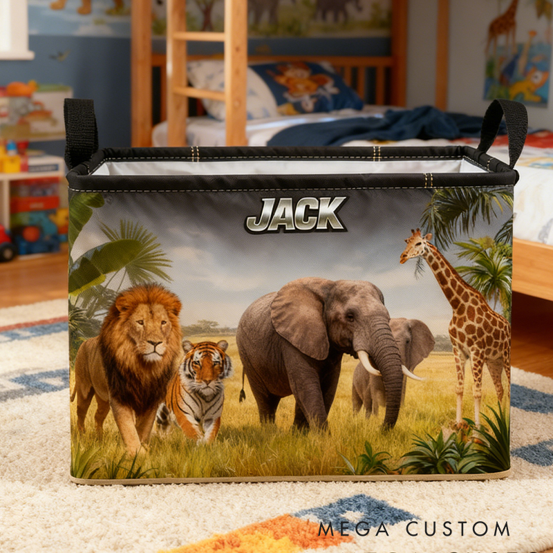 Personalized Custom Name Safari Animal Storage Bin - Kids' Jungle-Themed Toy Organizer