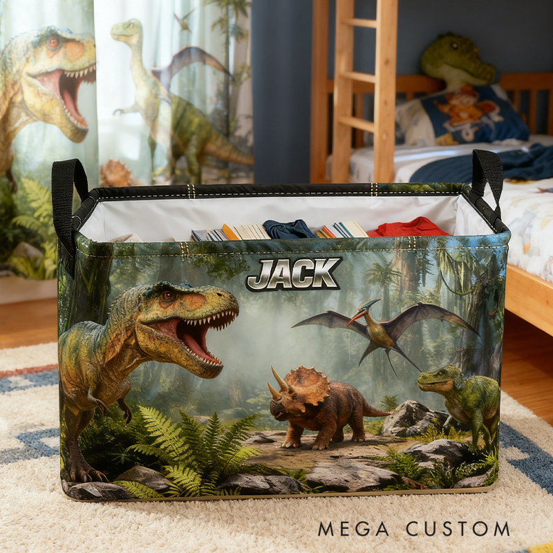 Personalized Custom Name Dinosaur Storage Bin - Kids' Jurassic-Themed Toy Organizer