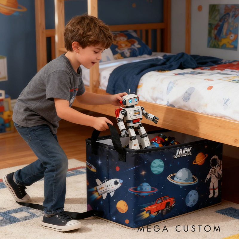 Personalized Custom Name Space-Themed Storage Bin - Kids' Astronaut & Planet Toy Organizer