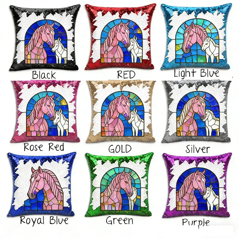 Personalized Sequin Cushion Throw Pillow Cover Stained Glass Horse Throw Pillow for Horse Owner Lover Riding Lovers Equestrian Lovers