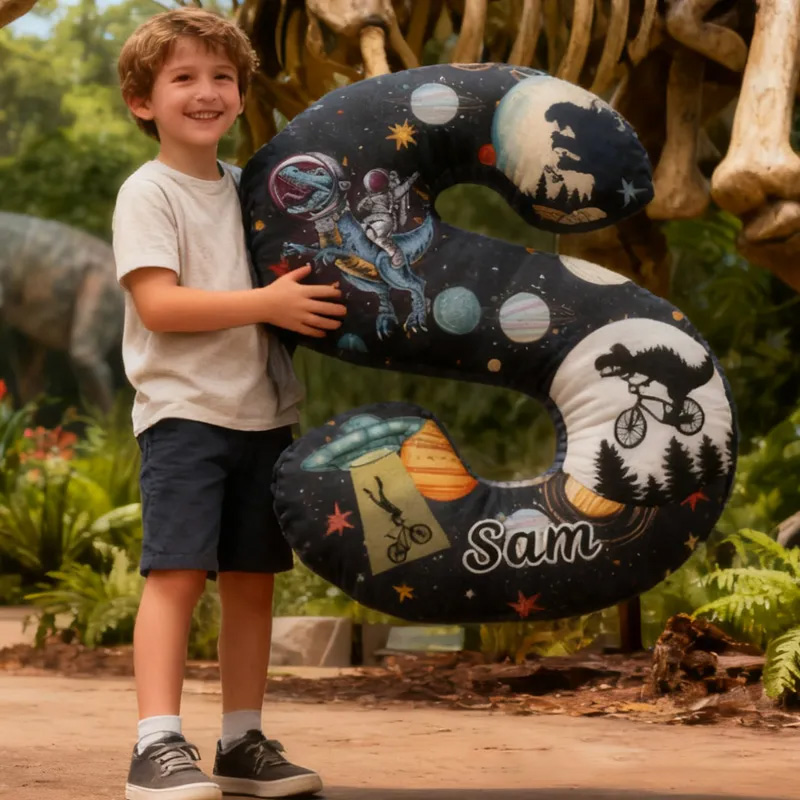 Personalized Dinosaur Space Bike Letter Pillow Graphic 3D Print Dino Galaxy Letter Pillow Name Pillow Comfortable Travel Cushion for Kids Riding Lovers