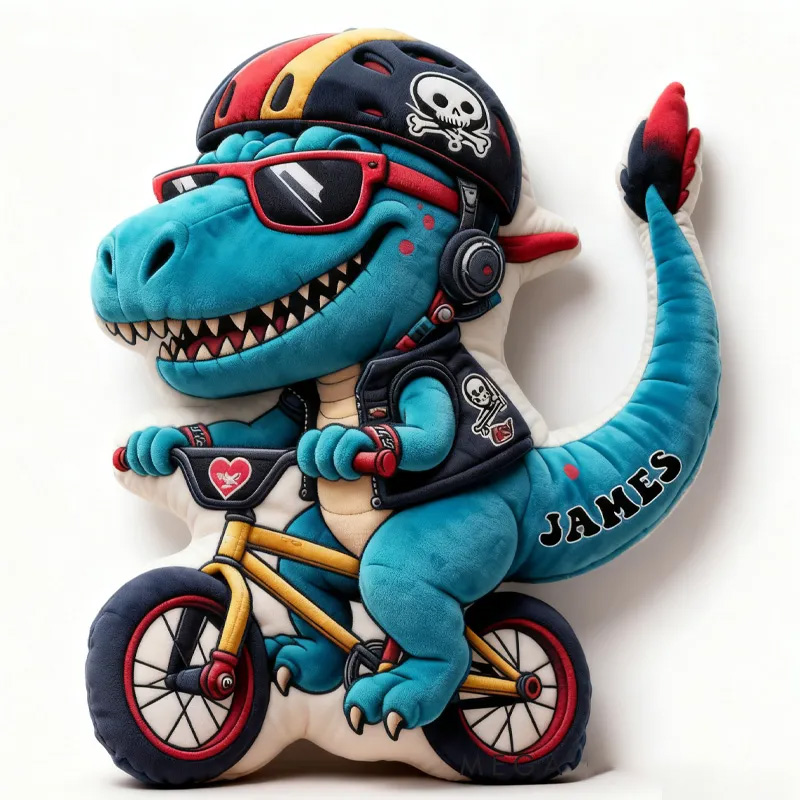 Personalized Dino Rider Bike Pillow Cozy Graphic 3D Print Cool Skull Racing Biker Dino Pillow Name Pillow Comfortable Travel Cushion for Kids Boys Riding Lovers