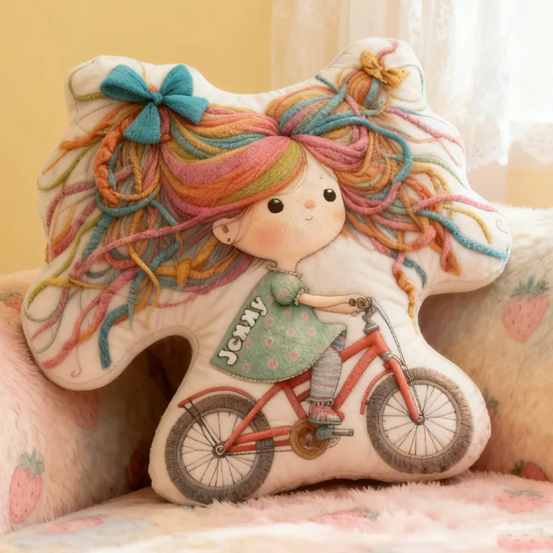 Personalized Quirky Girl Bike Pillow Rainbow Hair Cozy Graphic 3D Print Dreaming Princess Pillow Whimsical Girl Name Pillow Comfortable Travel Cushion for Kids Girls Riding Lovers