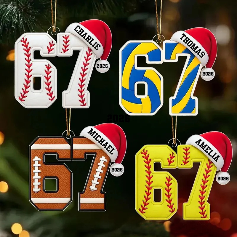 Personalized Name 67 Sport Acrylic Christmas Ornament, Soccer Baseball Volleyball Basketball Ornament, Six Seven Ornament Gen Alpha Humor 67 Meme Ornament