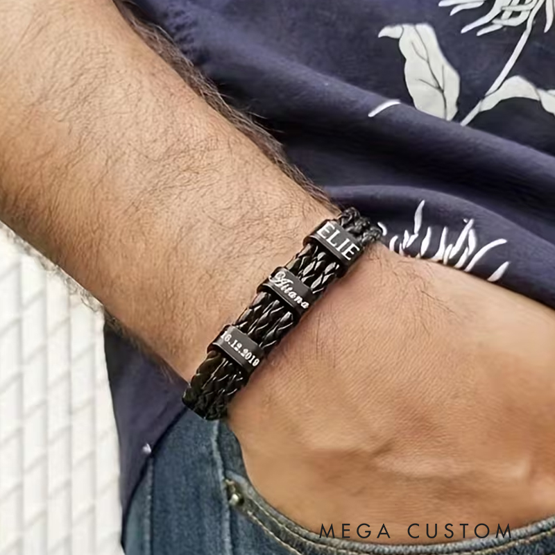 Personalized Stainless Steel Woven Bracelet Custom 1-7 Name Engraving Ideal Men's Gifts for Father's Day and Valentine's Day