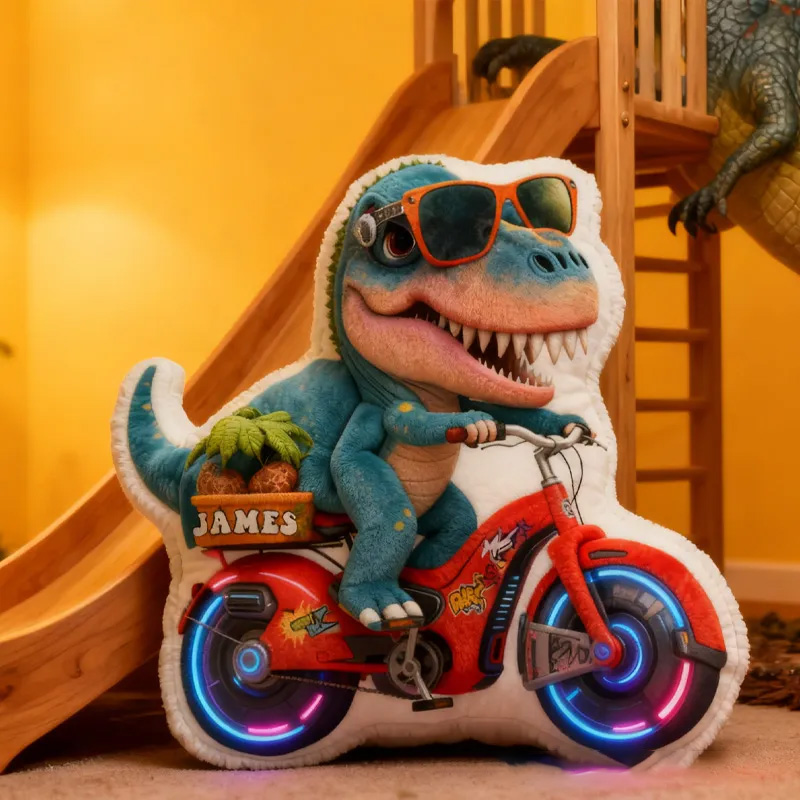 Personalized Dino Rider Bike Pillow Cozy Graphic 3D Print Cool Racing Biker Dino Pillow Name Pillow Comfortable Travel Cushion for Kids Boys Riding Lovers