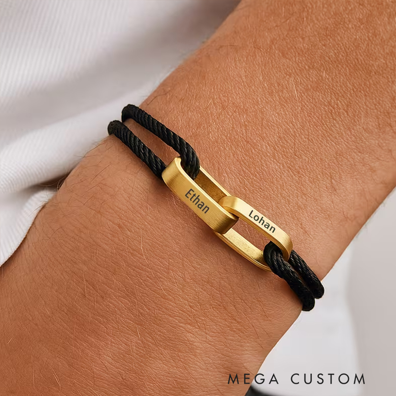 Personalized Adjustable Couple Bracelet Custom 2-Name Engraving Minimalist Beaded Rope Maillard Tones Ideal Men's Gifts for Father's Day and Valentine's Day
