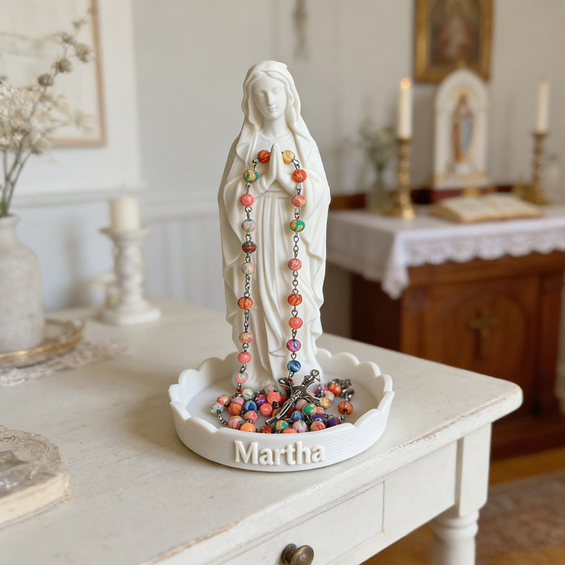 Personalized Mary Praying Rosary Holder with Custom Name Virgencita Altar Tray Lady Guadalupe Stand Church Decor Home Decor Catholic Spiritual Gift