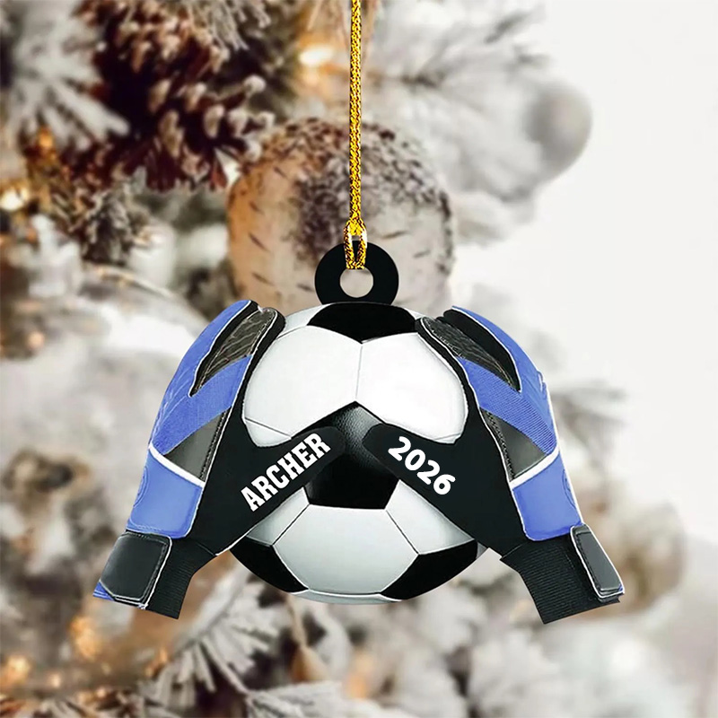 Personalized Acrylic Soccer Ball Christmas Ornament with Custom Name, Year, and Goalkeeper Gloves Design