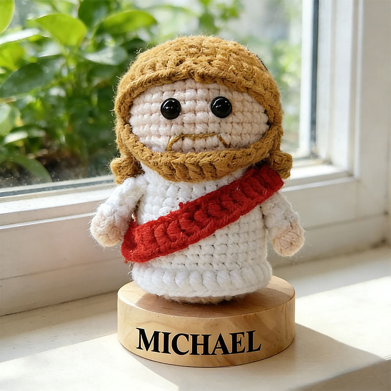 Personalized Crochet Jesus Doll with Custom Name in Base Christian Amigurumi Figurine for Kids or Adults Religious Gift Prayer Corner Faith Gift