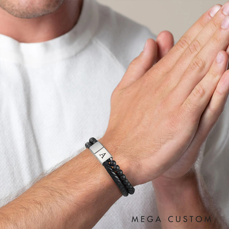 Personalized Beaded Leather Initial Bracelet 6mm Matte Agate Stone Handmade Bracelets Adjustable Mens Bracelet Magnetic Clasp Father's Day gift for Men Bracelets Valentine's Day Gift for groomsman 