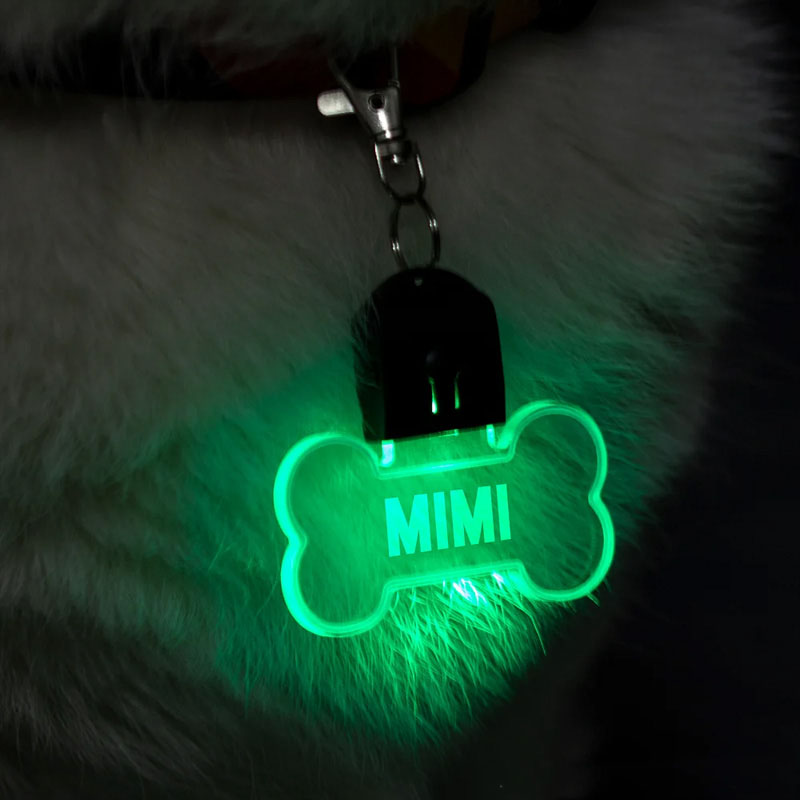 Personalized Paw and Bone Shaped LED Acrylic Dog Collar Tag with Name 7 Light Colors Dogs Safety Night Walking Camping Accessories for Pet Lovers