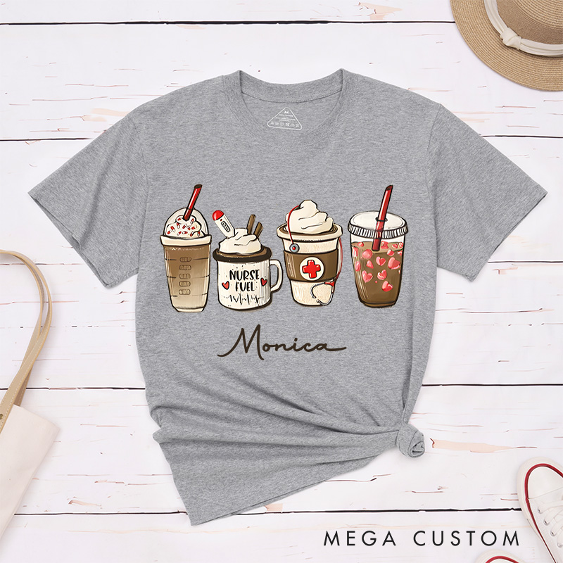 Personalized Nurse T-Shirts Nurse Fuel Coffee and Care T-Shirts