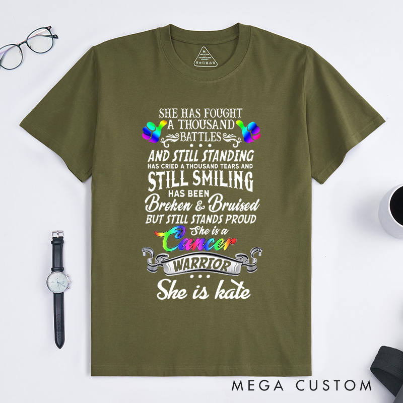 Personalized Lgbt She Has Fought a Thousand Battles Breast Cancer Warrior T-Shirt Cancer Survivor Gift