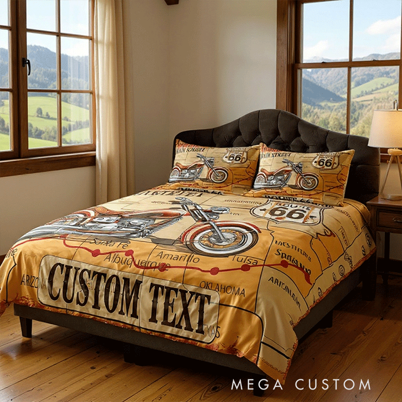 Personalized Retro Route Motorcycle Duvet Cover Custom Name Bedding Quilt Cover Gift