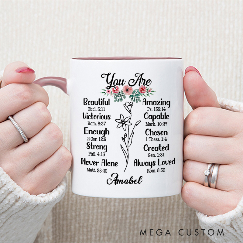 Personalized You Are Christian Ceramic Inner Color Mug with Name Bible Verse Coffee Mug Inspirational Gift Religious Gift Christian Gift for Women