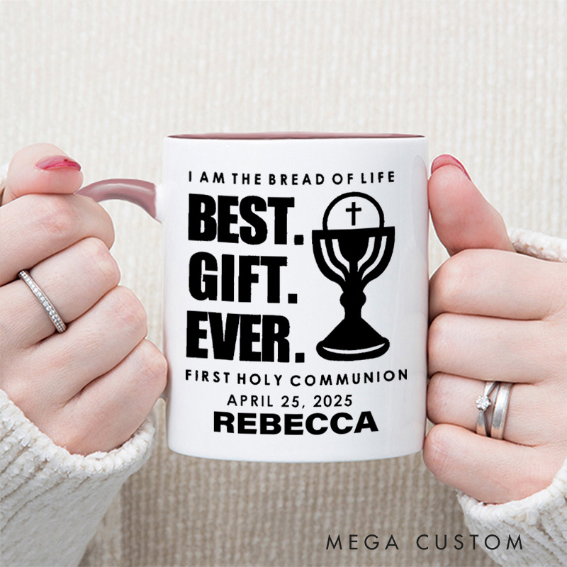 Personalized I am the Bread of Life 11oz Ceramic Mug with Name Funny Catholic Ceramic Inner Color Mug for Kids First Communion Gift for Godchild