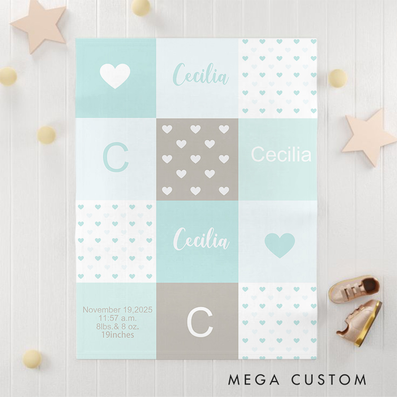 Personalized Baby Name Blanket - Soft Pastel Patchwork Design with Birth Details Baby  Keepsake