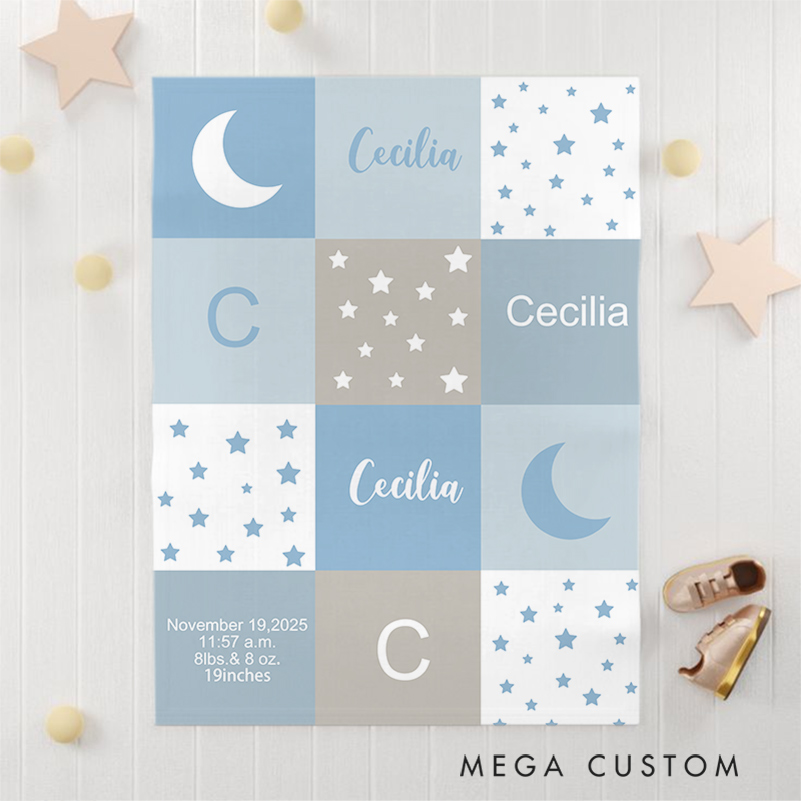 Personalized Baby Name Blanket - Soft Pastel Patchwork Design With Birth Details Moon And Stars Pattern Baby Keepsake