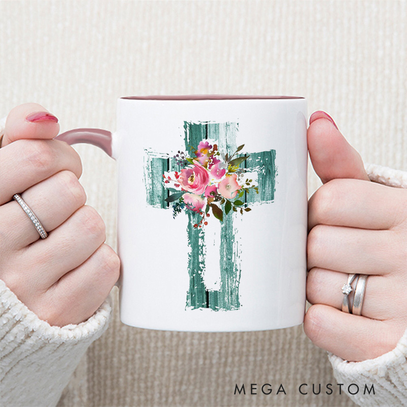 Personalized Pink Watercolor Florals and Teal Cross Christian Ceramic Inner Color Mug with Name Religious Gift Birthday Gift for Women