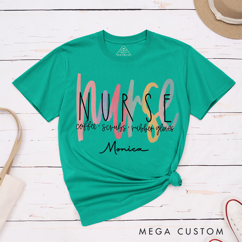 Personalized Nurse T-Shirts Nurse Essentials Coffee Scrubs Rubber Gloves Fashion Design T-Shirts