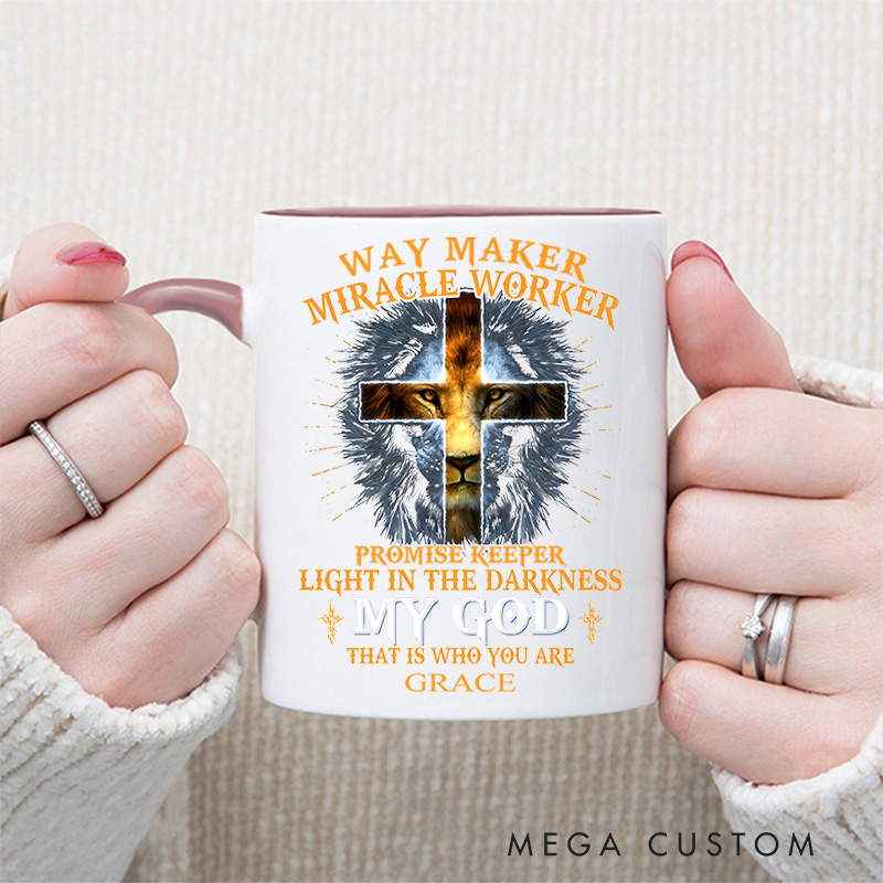 Personalized Cross Lion Bible Verse Inner Color Ceramic Mug with Name Birthday Religious Inspirational Gift for Christian