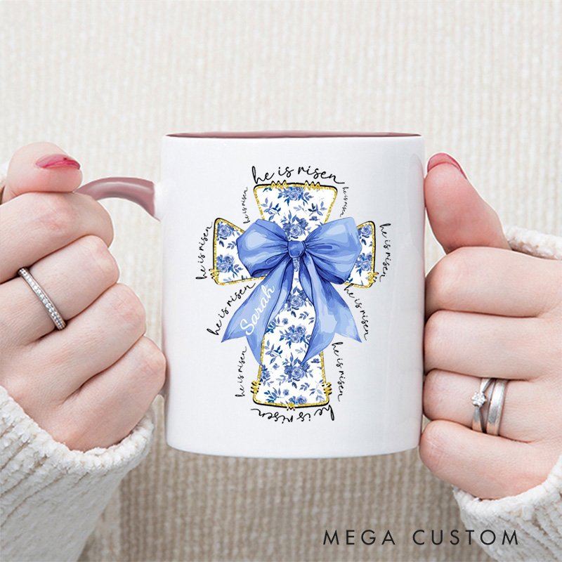 Personalized He Is Risen Bible Verse Inner Color Ceramic Mug with Name Birthday Religious Inspirational Gift for Christian